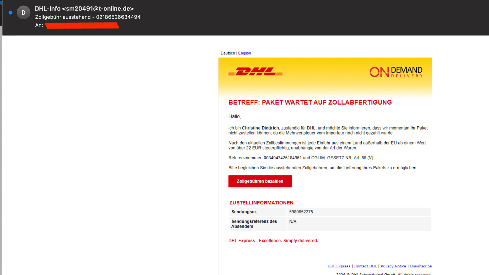 Gefälschte E-Mail von DHL: Das sogenannte Paketdienst-Phishing ist eine derzeit beliebte Betrugsmasche.