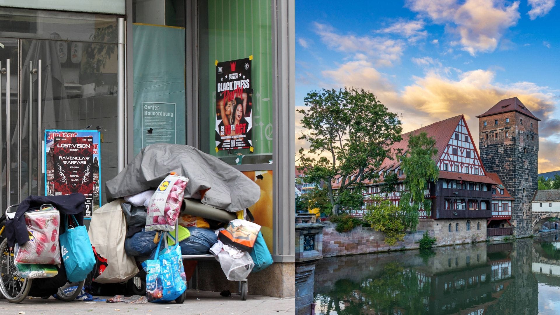 Der leer stehende City Point in der Breiten Gasse (l.) und die Pegnitz in der Altstadt (r.): Eine Influencerin schimpft im Netz über Nürnberg – viele halten dagegen.