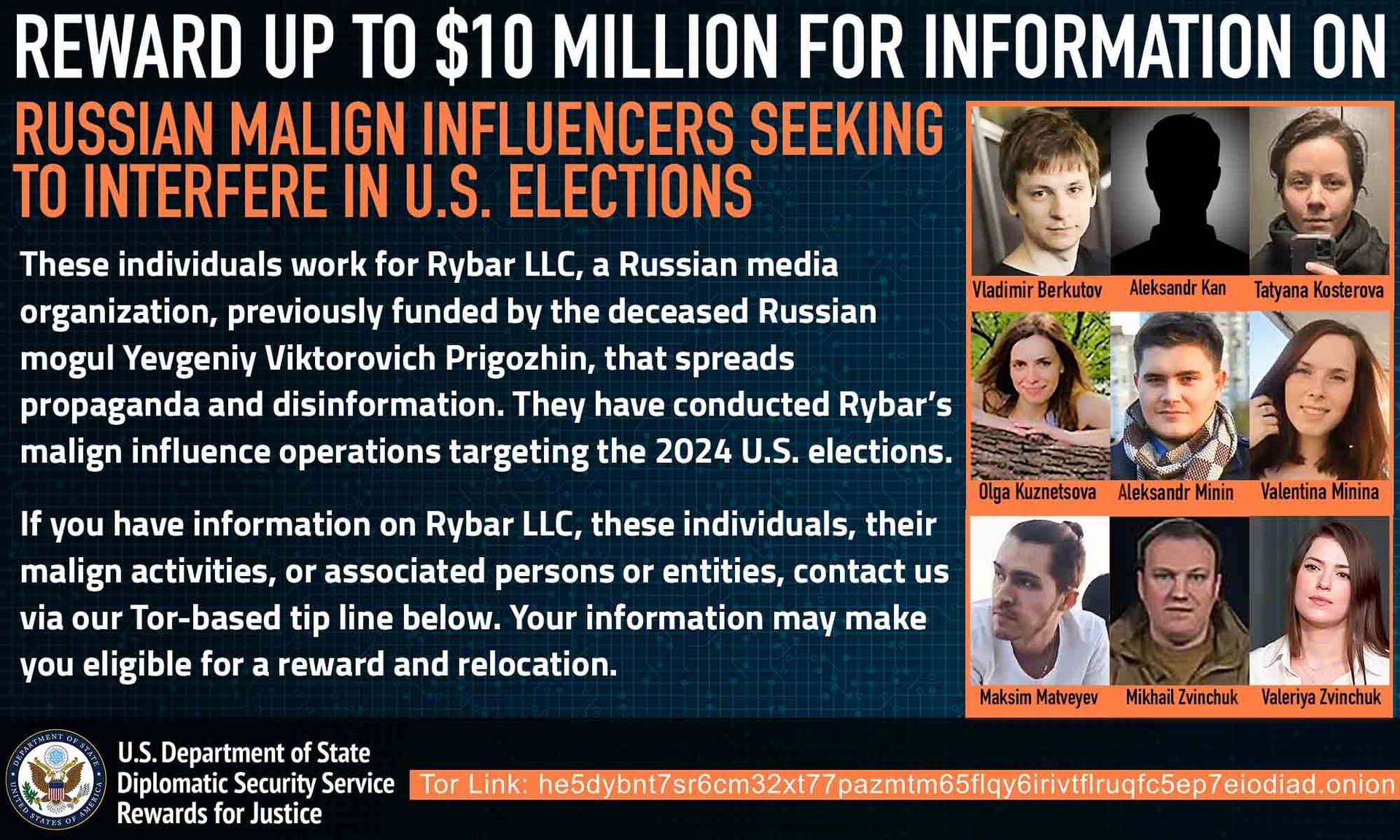 Mit diesem Plakat suchen die USA nach Informationen über die russischen Rybar-Blogger.