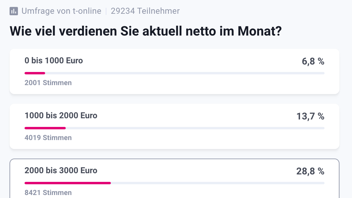 Die t-online Umfrage: Die meisten Befragten verdienen zwischen 2.000 und 3.000 Euro netto im Monat.