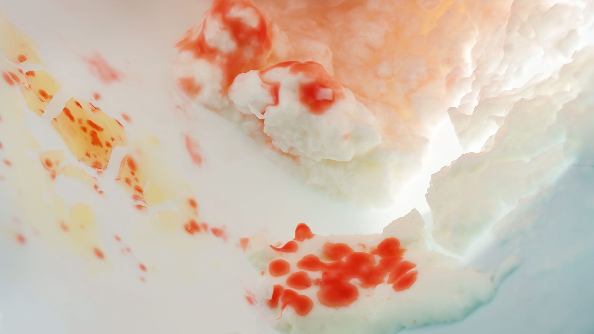 Serratia marcescens, rod-shaped bacteria with red pigment growing in a package of curd cheese, probably due to contamination during filling, concept for health care, hygiene and preventing food spoilage, copy space, macro shot