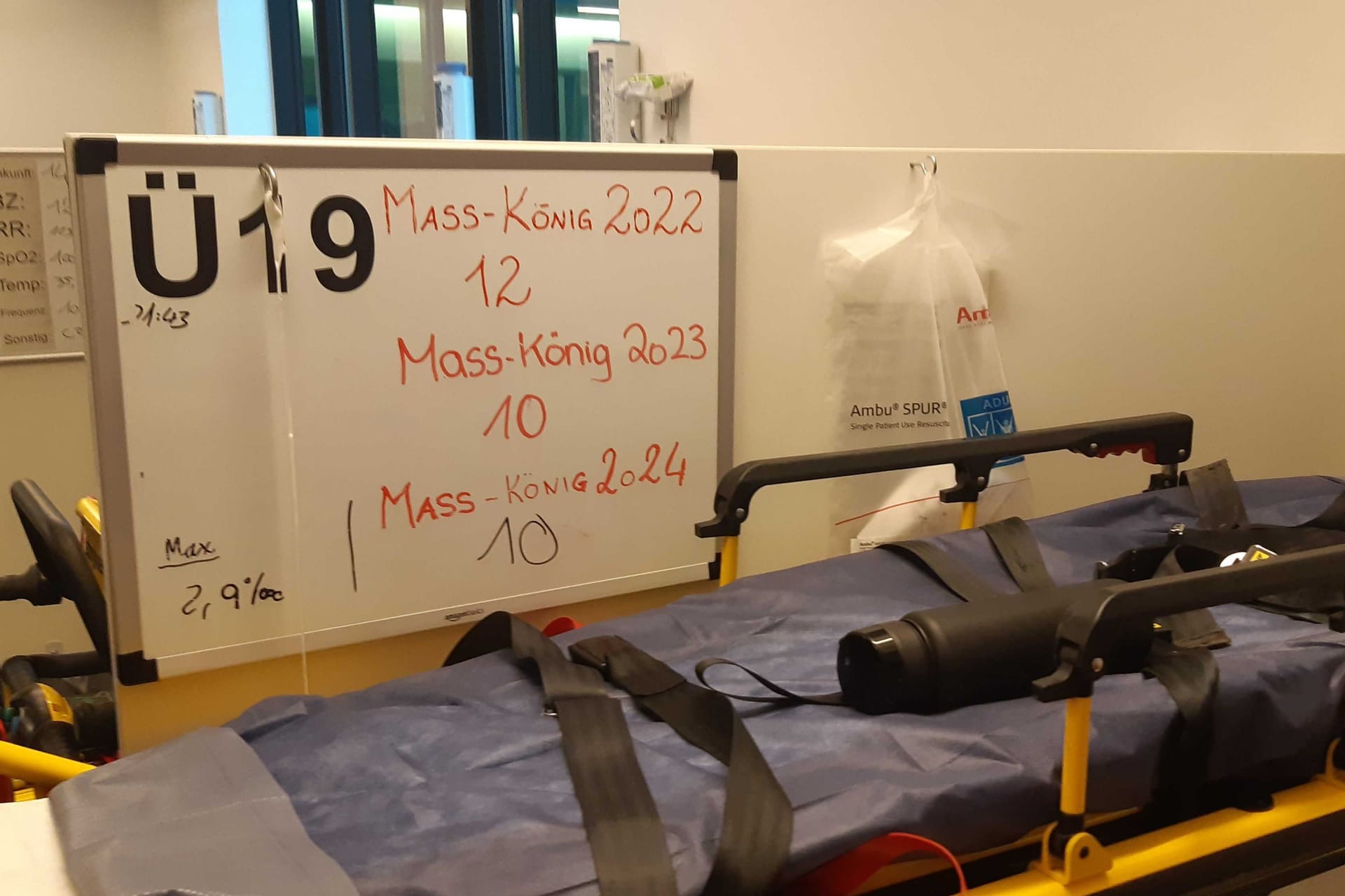 Die Tafel der "Maß-Könige": Die Sanitäter halten hier die Trinkfestigkeit der betrunkensten Patienten fest. Der diesjährige Rekord liegt demnach bei 2,9 Promille.