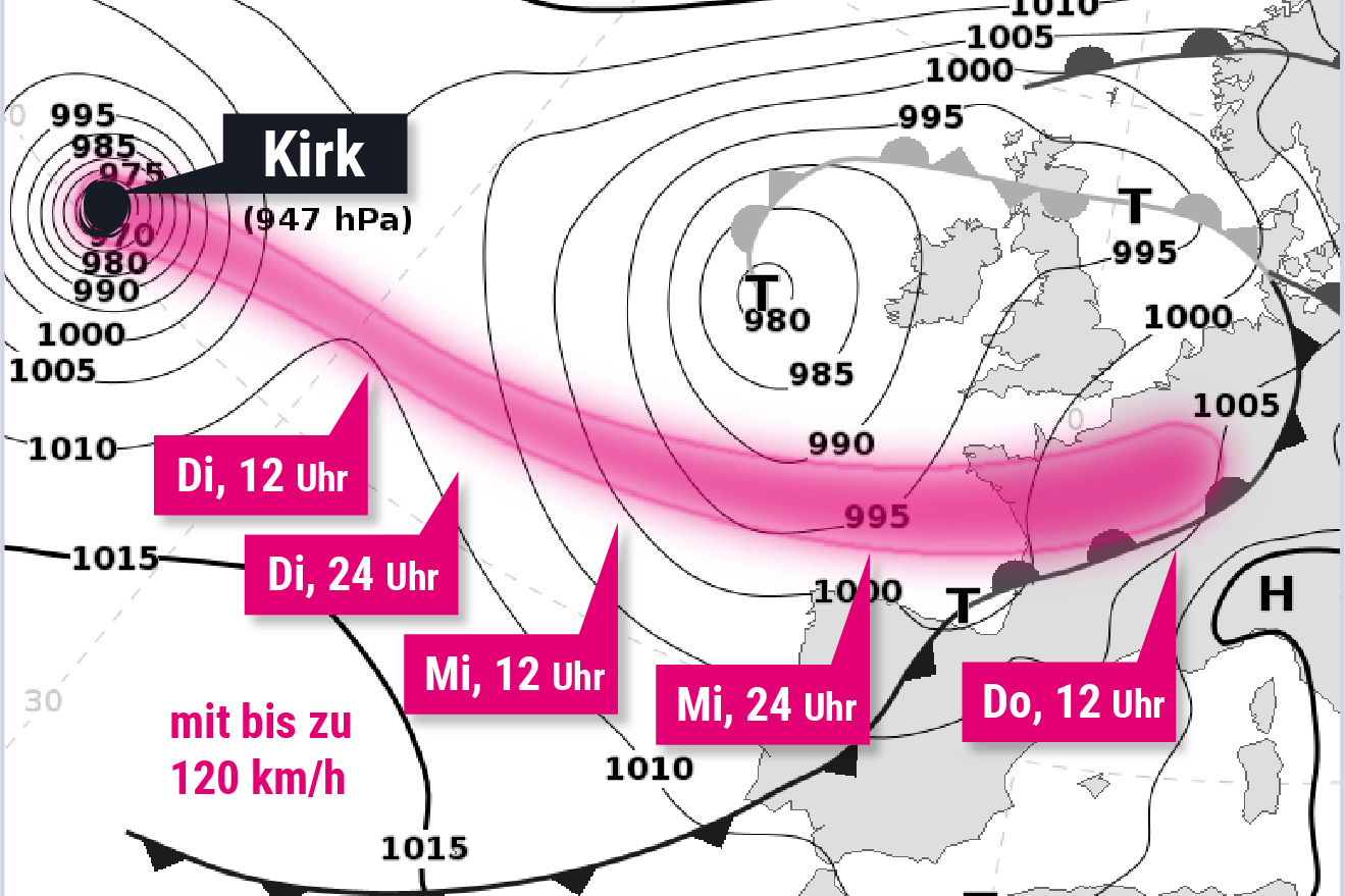 Der voraussichtliche Pfad des Hurrikans "Kirk": Der Sturm zieht auf Europa zu.