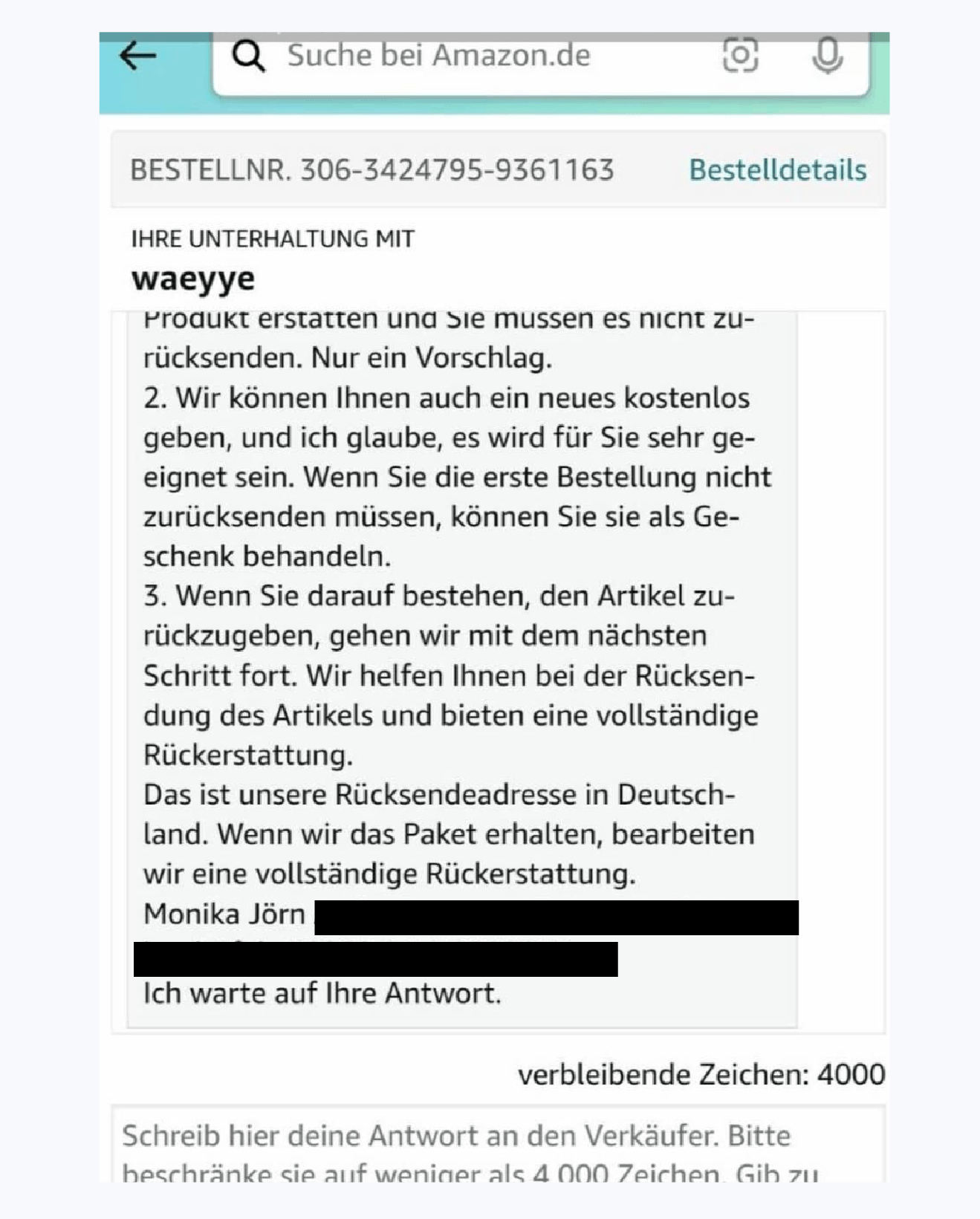 Dreiste Antwort: Der Shop verspricht Geld-zurück nach Rücksendung – an eine nicht existente Person unter der Adresse eines Paares.