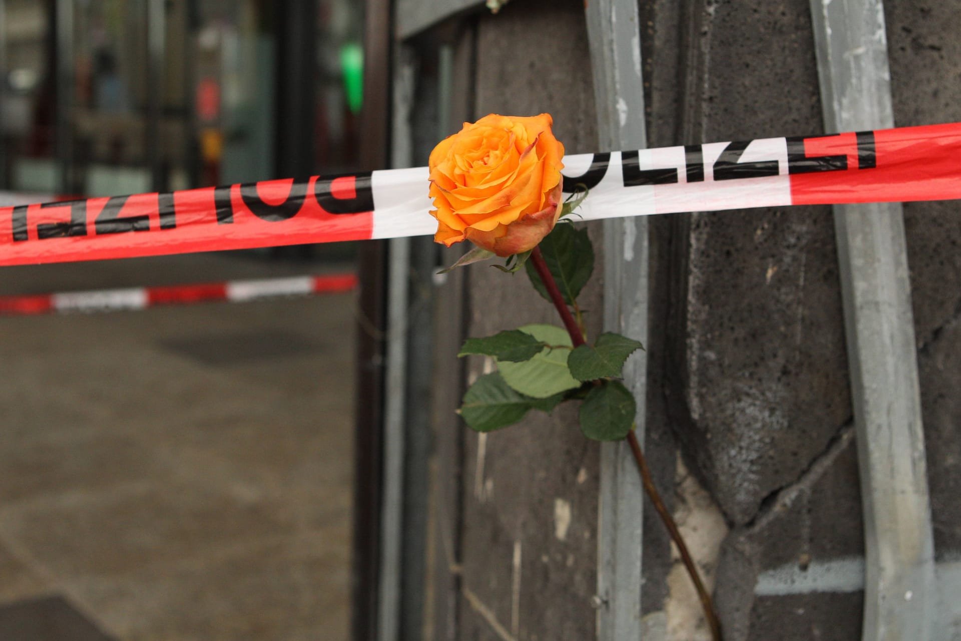 Polizeiband flattert vor der Hamburger Sparkasse am Jungfernstieg und eine Blume ist an ein Gerüstteil gesteckt worden. Am Dienstagmorgen war es vor der Filiale der Haspa in der Innenstadt zu einem schweren Autounfall gekommen.