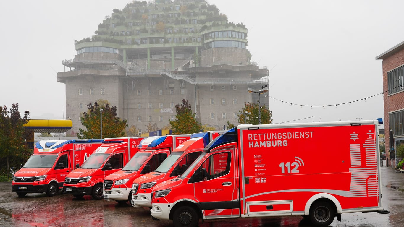 In der Seitenansicht der Rettungswagen ist die Ähnlichkeit zum Hamburger Stadtwappen zu erkennen. Ebenso ist die langgezogene Welle zu sehen.