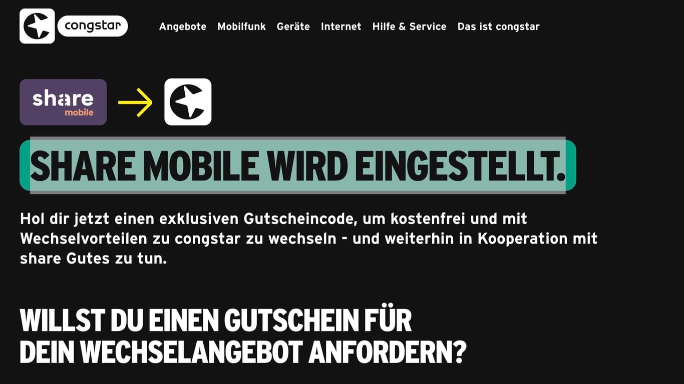 Auf seiner Internetseite informiert Congstar über das Ende von Share Mobile.