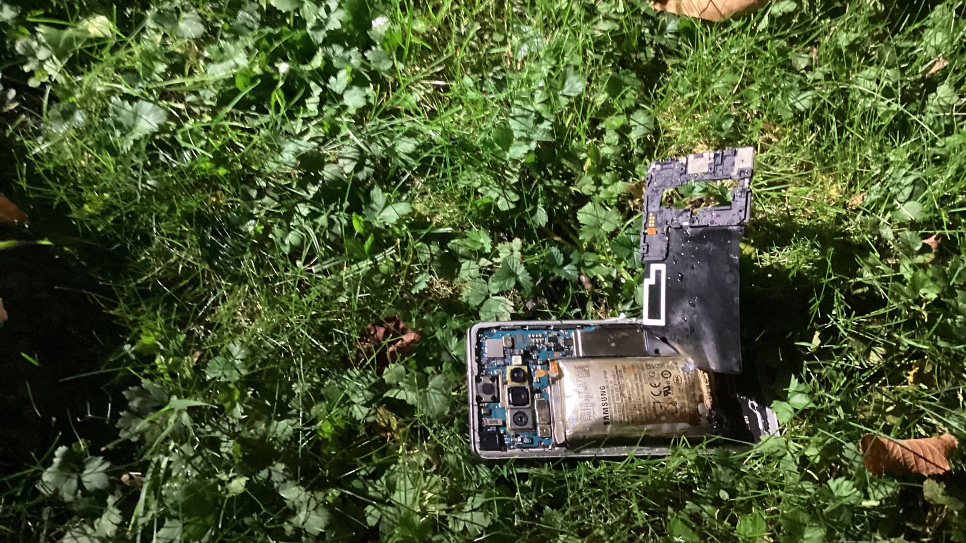 Das zerstörte Handy liegt auf der Wiese vor dem Wohngebäude: Die Feuerwehr rückte an.