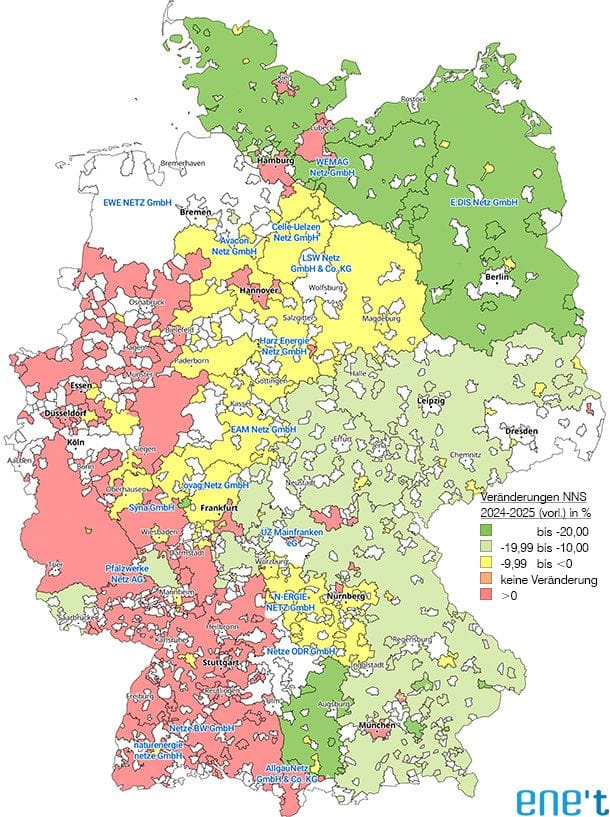 Prozentuale Veränderung der vorläufigen Netzentgelte Strom 2025 gegenüber 2024Abnahmefall: Familien-Haushalt, 3.500 kWh/Jahr, SLP, Niederspannung