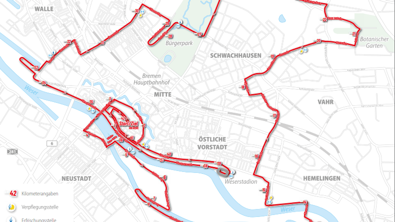 Die Strecke für den 42-Kilometerlauf führt durch große Teile Bremens. Entsprechend viele Straßen werden gesperrt.