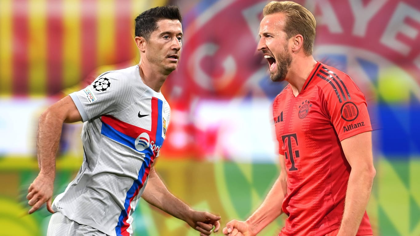 Harry Kane (r.) neben Robert Lewandowski: Der Engländer ist der Nachfolger des Polen als Mittelstürmer beim FC Bayern.