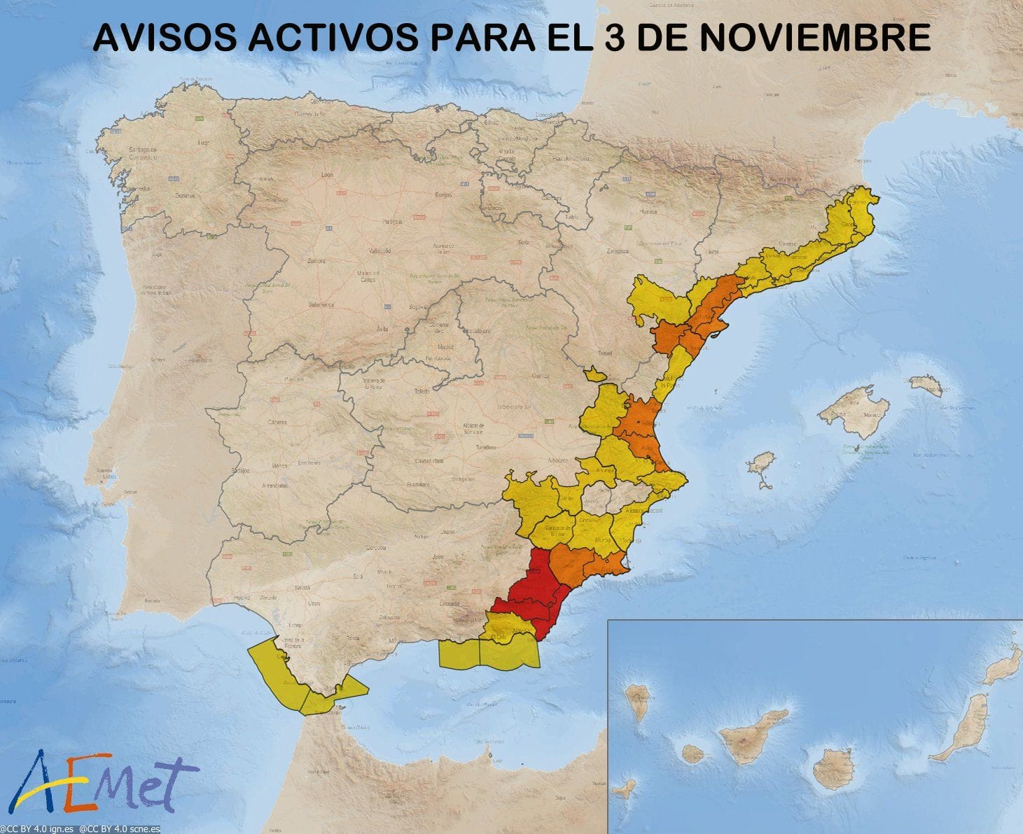 Für die Region Almería (rot) wurde eine Wetterwarnung herausgegeben.