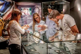 Besucher beugen sich über eine Ausstellungsvitrine in der Ausstellung "Körperwelten".