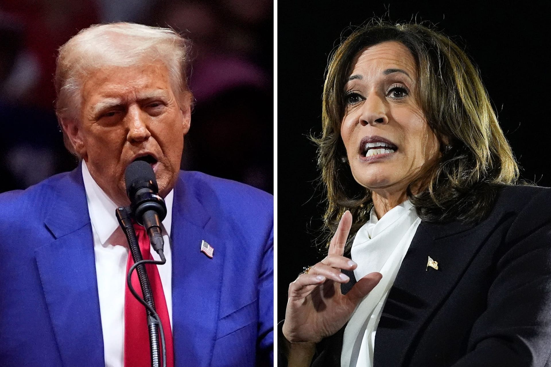 Donald Trump (links) und Kamala Harris (Fotomontage): Mehrere Veranstaltungen in Hamburg bieten Live-Übertragungen und Diskussionen zur US-Wahl 2024.