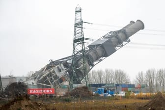 Ein besonderes Merkmal verschwindet: Der Doppel-Schornstein des stillgelegten Kohlekraftwerks Moorburg kippt nach seiner Sprengung um.