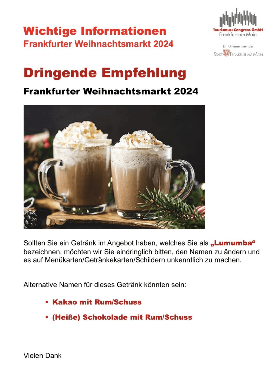 Die Empfehlung des Veranstalters des Frankfurter Weihnachtsmarktes an die Budenbesitzer.