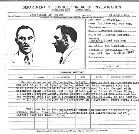 FBI-Karteikarte von Victor Lustig: In den USA wurde er wegen Geldfälschung gesucht.