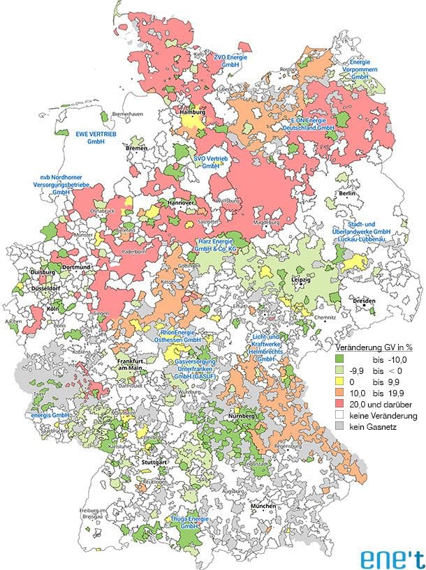 Die Karte zeigt die prozentuale Veränderung in der Stromgrundversorgung 2025 im Vergleich zu 2024. Die Werte beziehen sich auf einen Musterhaushalt (SLP-Kunde) mit einem Jahresverbrauch von 3.500 kWh (Niederspannung).