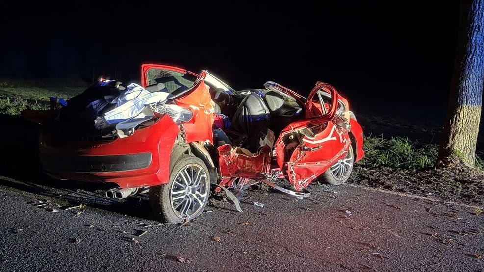 Das zerstörte Unfallauto: Der Wagen drehte sich auf der Straße und krachte gegen einen Baum.