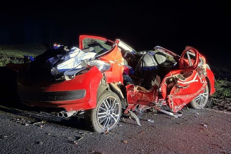 Das zerstörte Unfallauto: Der Wagen drehte sich auf der Straße und krachte gegen einen Baum.