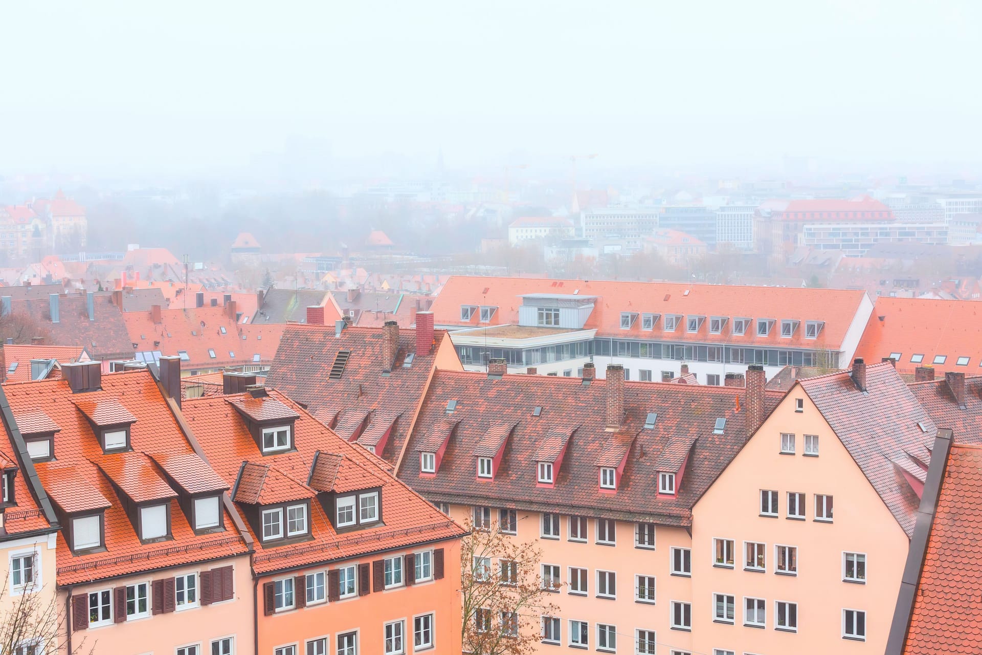 Aerial view of Nuremberg, Franconia during foggy weather in Bavaria