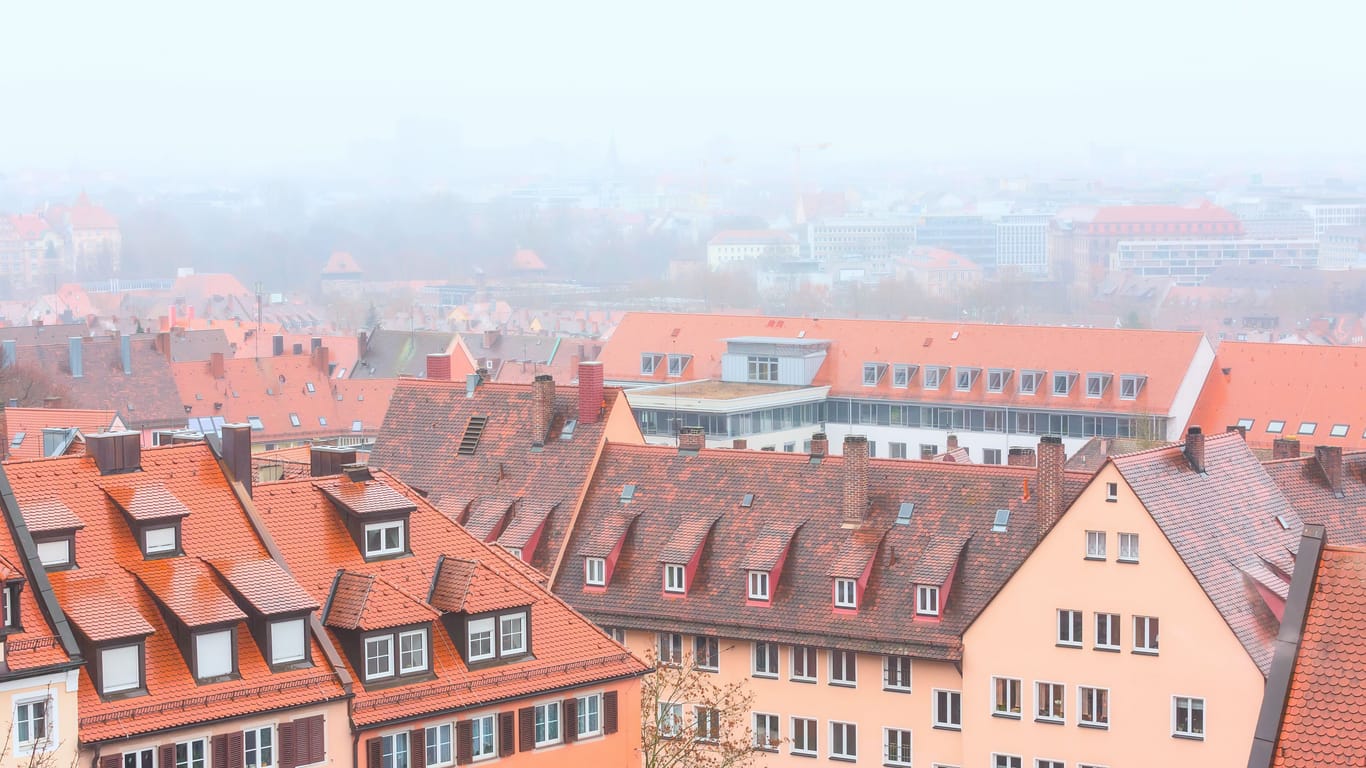 Aerial view of Nuremberg, Franconia during foggy weather in Bavaria