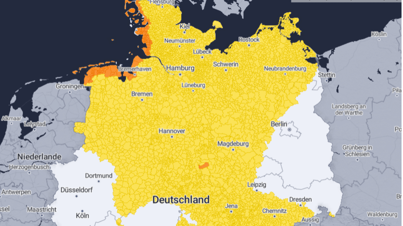 Die Warnkarte am Sonntag: In weiten Teilen Deutschlands ist es ziemlich windig.