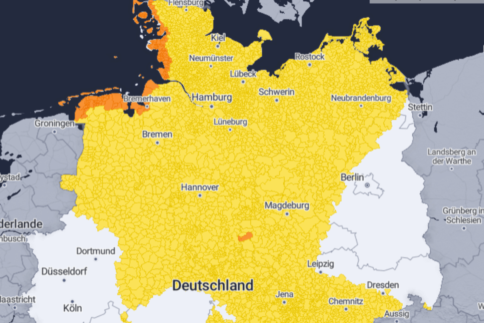 Die Warnkarte am Sonntag: In weiten Teilen Deutschlands ist es ziemlich windig.