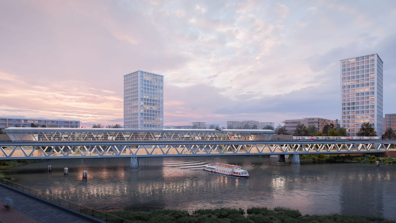 So soll die neue Haltestelle Moldauhafen aussehen: Sie wird 15 Meter über dem Tidewasser schweben.