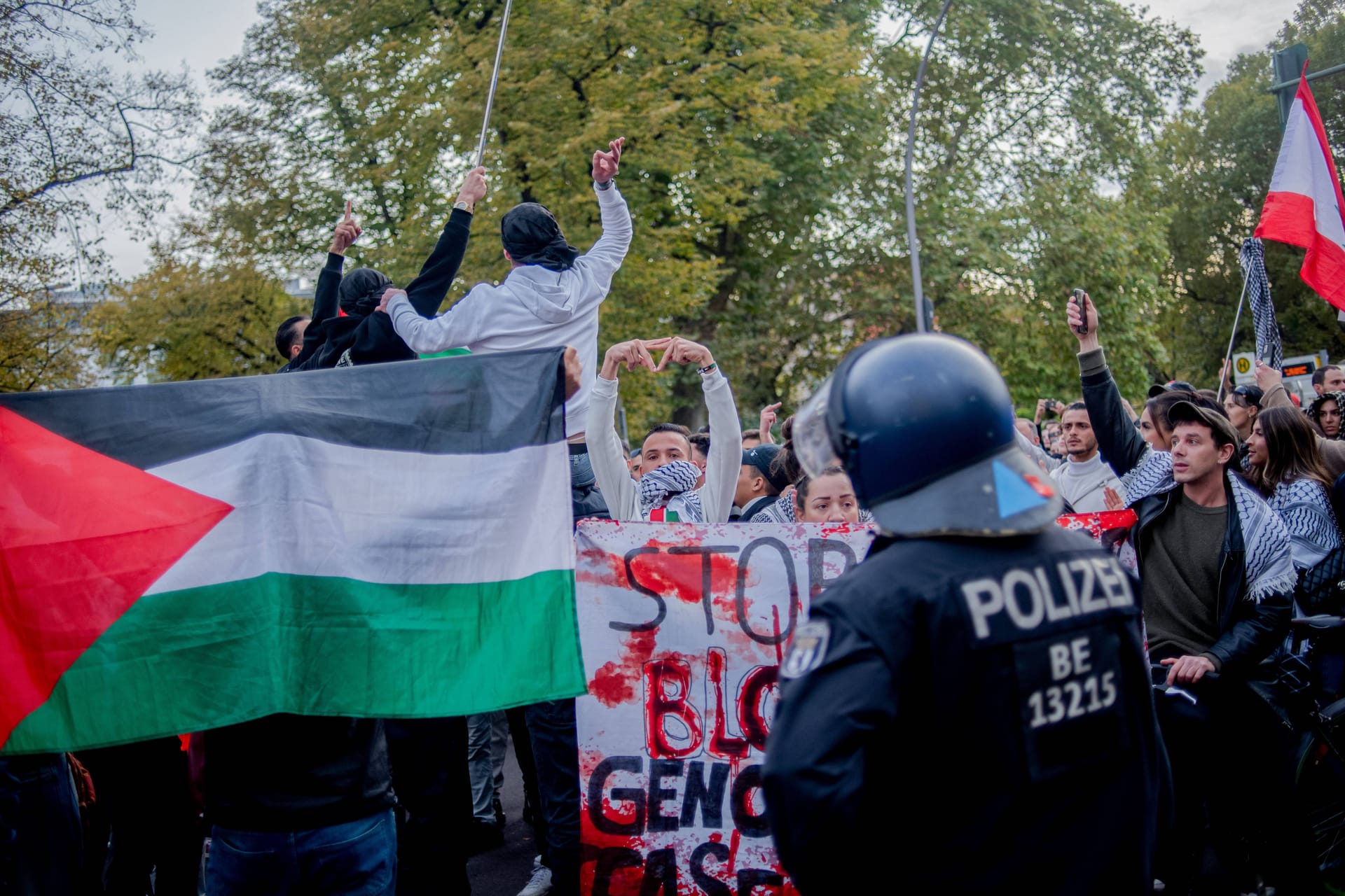 Berlin Pro-Palestinian Rally October 19 Demonstrators at the Solidarity with Palestine and Lebanon - Stop the Gaza Genocide - No Weapons for Israel rally display red-painted hands on Kantstra e in Charlottenburg, Berlin, on October 19, 2024.