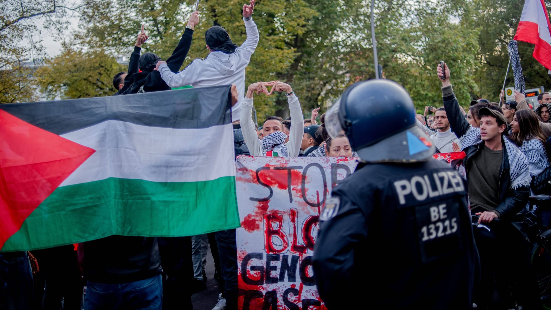 Berlin Pro-Palestinian Rally October 19 Demonstrators at the Solidarity with Palestine and Lebanon - Stop the Gaza Genocide - No Weapons for Israel rally display red-painted hands on Kantstra e in Charlottenburg, Berlin, on October 19, 2024.