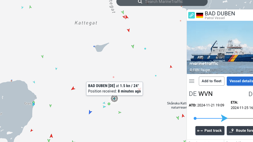 Ein Screenshot von 1 Uhr deutscher Zeit am Samstag zeigt die Position der Bad Düben in der Nordsee auf der Schiffswebseite Marinetraffic.