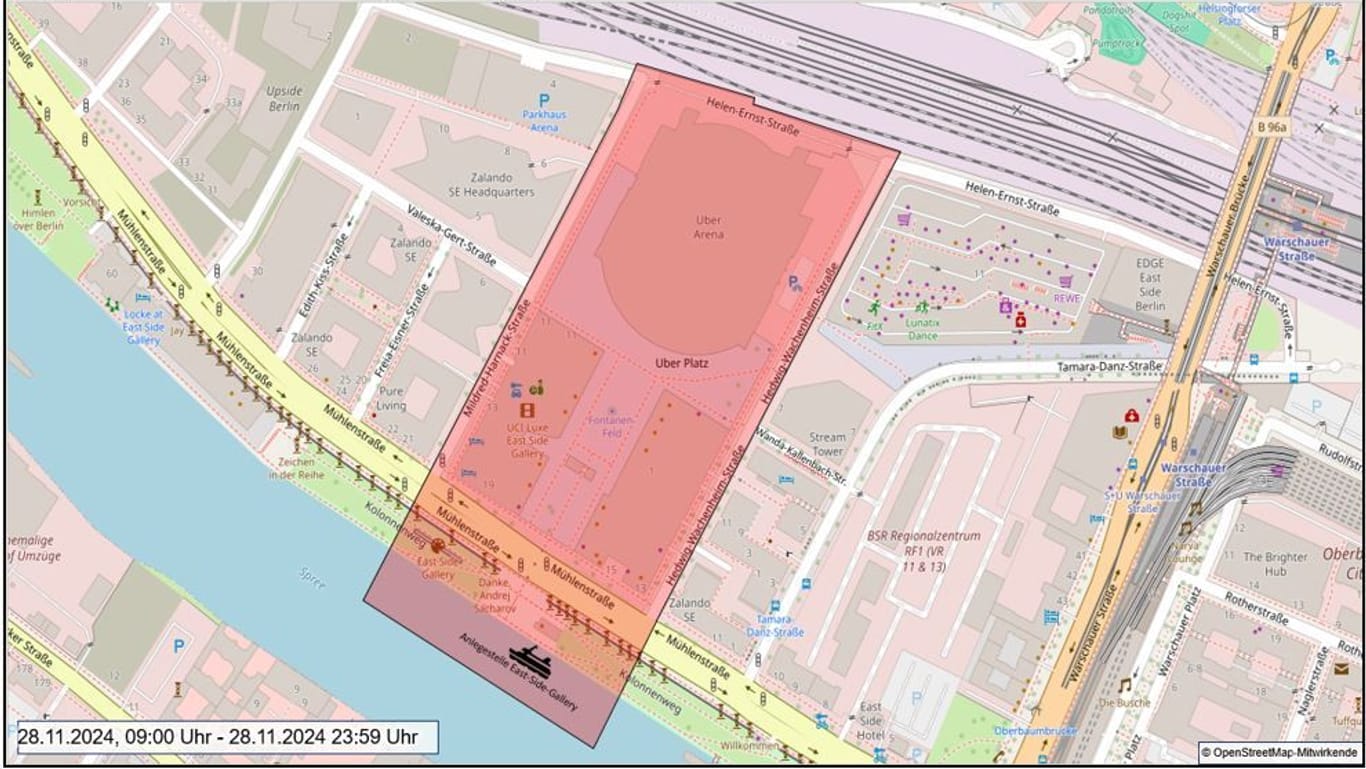 Sperrkreis um die Uber Arena vor Basketball Alba gegen Maccabi Tel Aviv am 28. November 2024