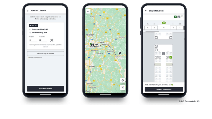 Hilfreiche Features des DB Navigator: Der Komfort Check-in, die Gesamtfahrstrecke in der Kartenansicht und die grafische Sitzplatzbuchung.