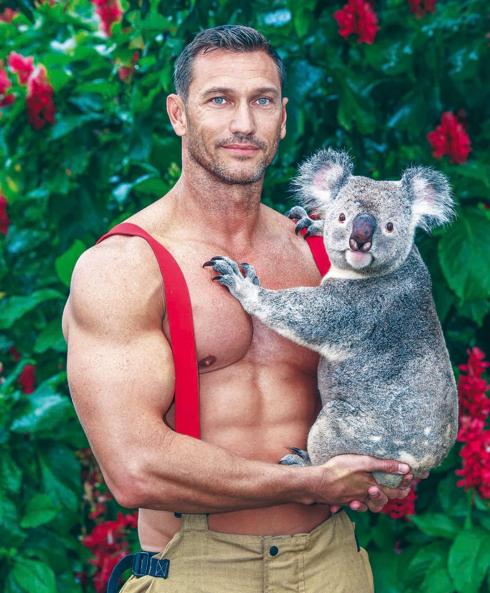 Feuerwehrmann Ben mit einem geretteten Koala im Arm. Von Deutschland über Taiwan bis hin zu den USA und Japan nutzen die Feuerwehrmänner aus dem Kalender ihre Popularität, um Spenden zu sammeln.