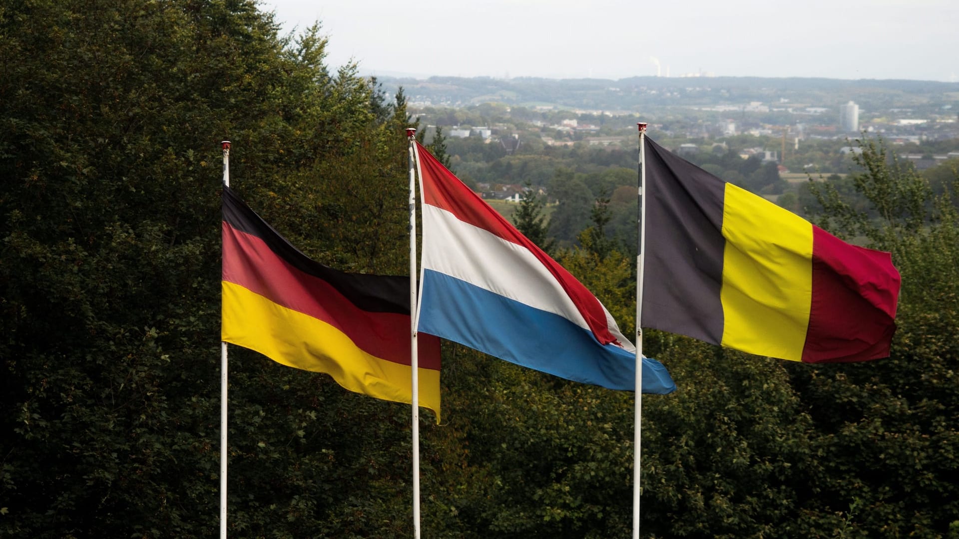 German dutch and belgian flags at triple border point Drielandenpunt Les Trois Bornes Dreilandereck, Vaalserberg Europe