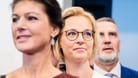 Sahra Wagenknecht (l-r), BSW-Parteivorsitzende, und die BSW-Spitzenkandidaten in Thüringen, Katja Wolf und Steffen Schütz.