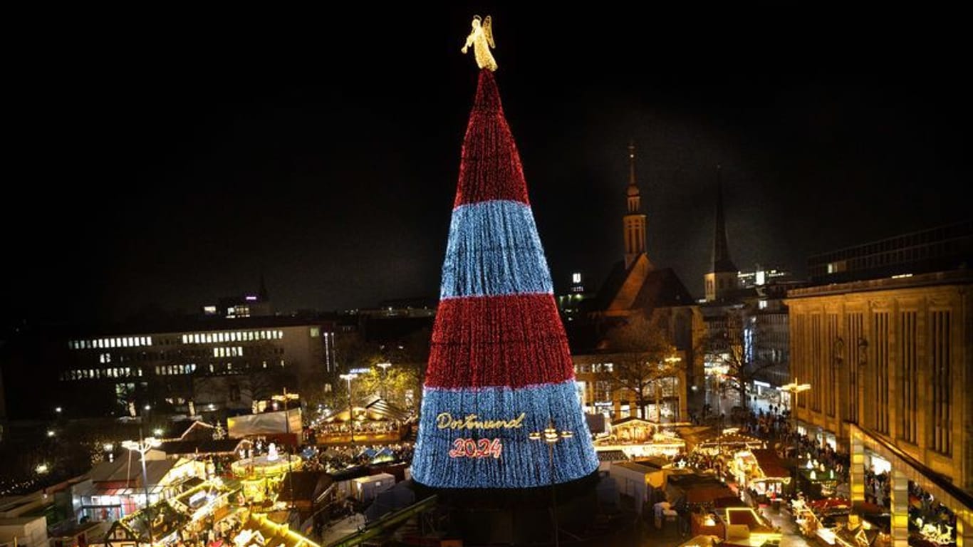 Die Beleuchtung des riesigen Weihnachtsbaums auf dem Weihnachtsmarkt wird eingeschaltet: Der nach Veranstalterangaben größte Weihnachtsbaum der Welt, wird in diesem Jahr mit mehr Lichtern denn je beleuchtet