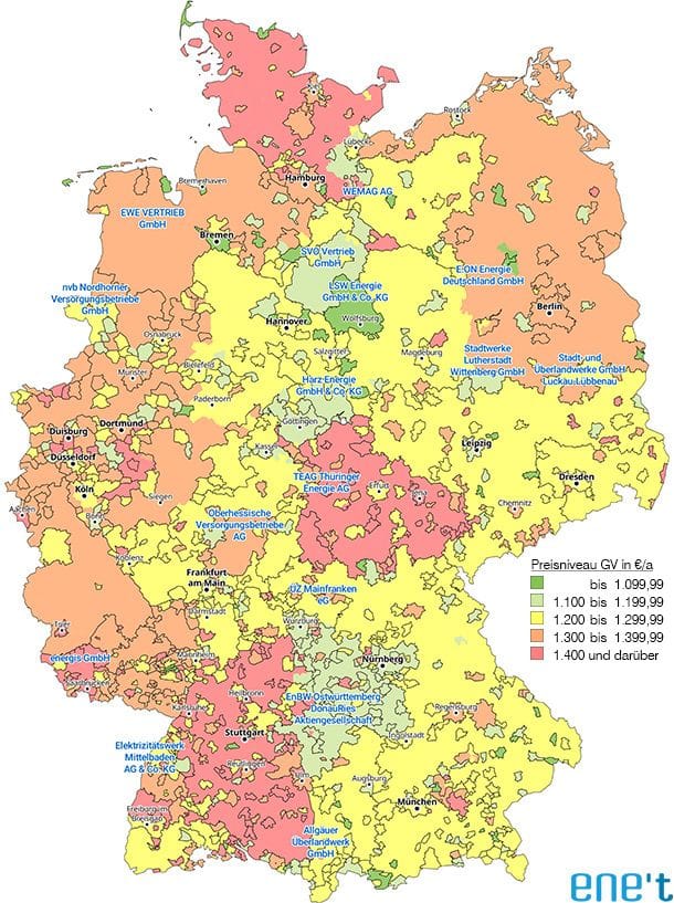 Die Karte zeigt das Preisniveau der Stromgrundversorgung 2025 in Euro pro Jahr. Der Kunde (SLP-Kunde) ist ein Musterhaushalt mit einem Jahresverbrauch von 3.500 kWh (Niederspannung).