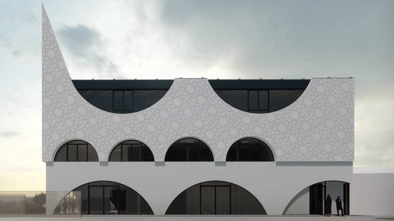 Viele Fenster und geschwungene Linien prägen die weiße Fassade: Die Illustration zeigt, wie das neue Kulturzentrum mit Moschee einmal aussehen soll.