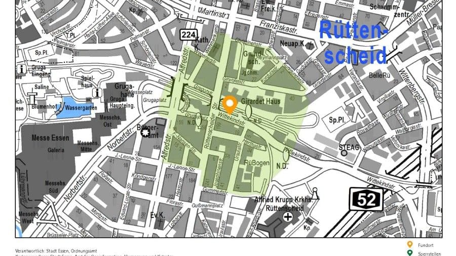 Eine Karte zeigt, in welchem Radius die Evakuierung wegen der Bombenentschärfung erfolgen wird. Die Fünf-Zentner-Bombe wurde in der Wittekindstraße gefunden.