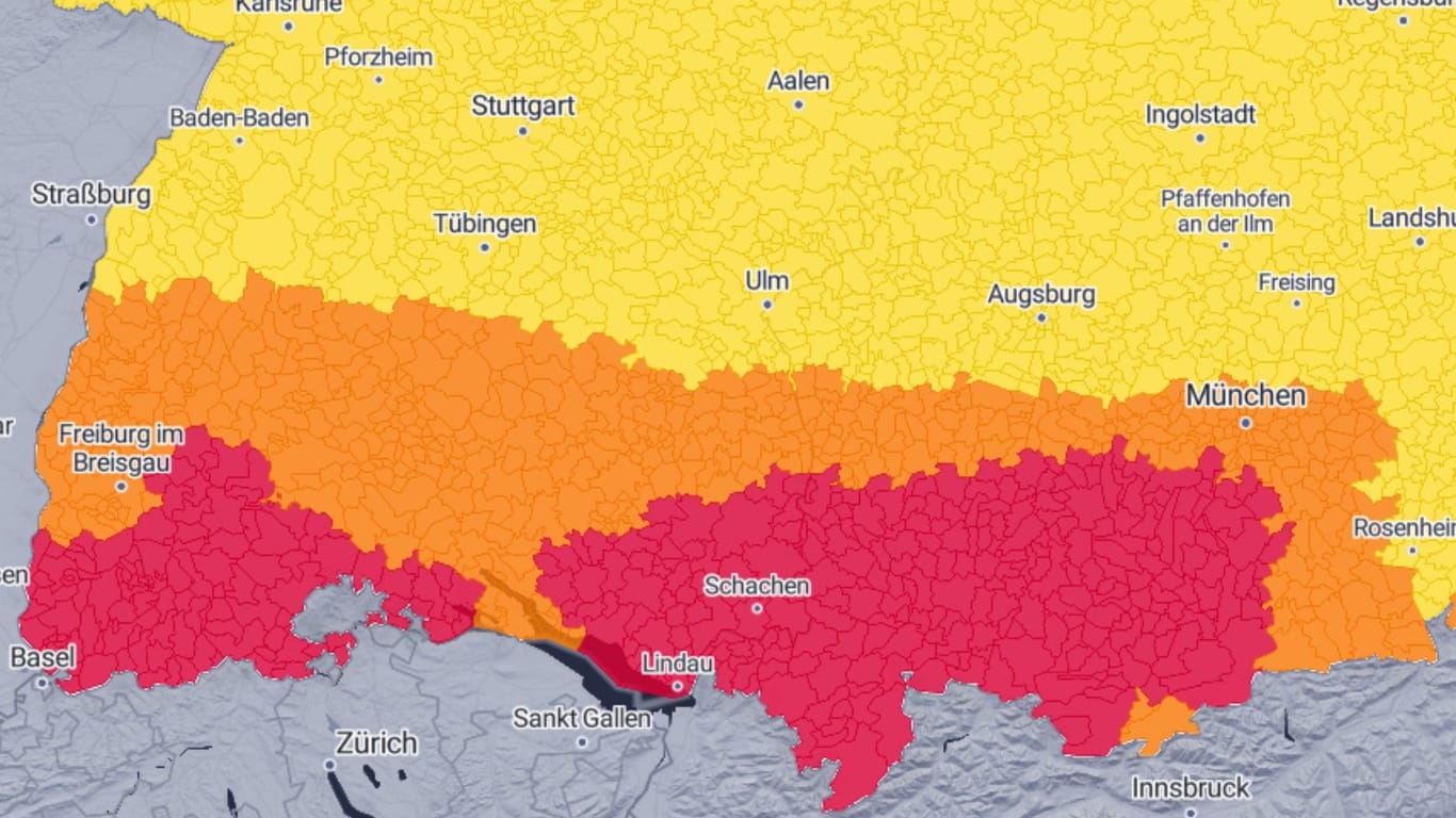 Warntsufen Rot und Orange: Im Süden Deutschlands wird es gefährlich.