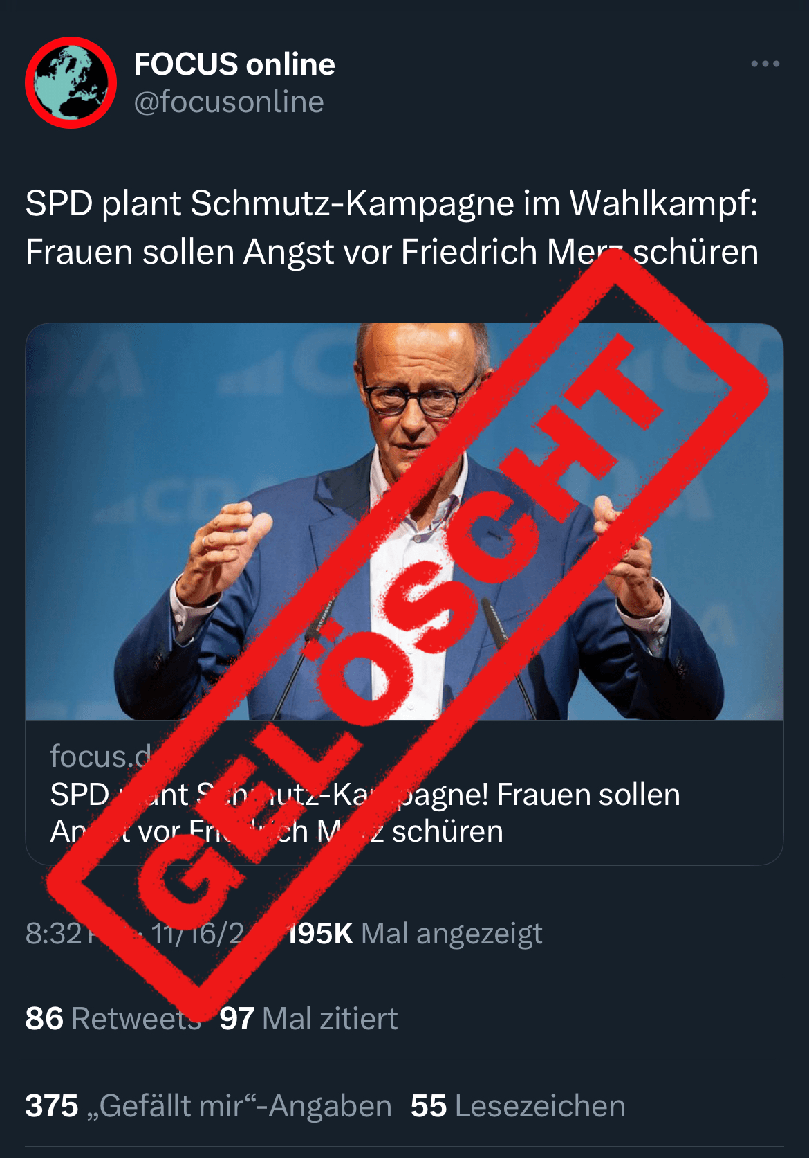 Gelöscht: "Focus online" löschte Tweet und Artikel über die vorgebliche SPD-Schmutzkampagne, für die es keine Belege gab.