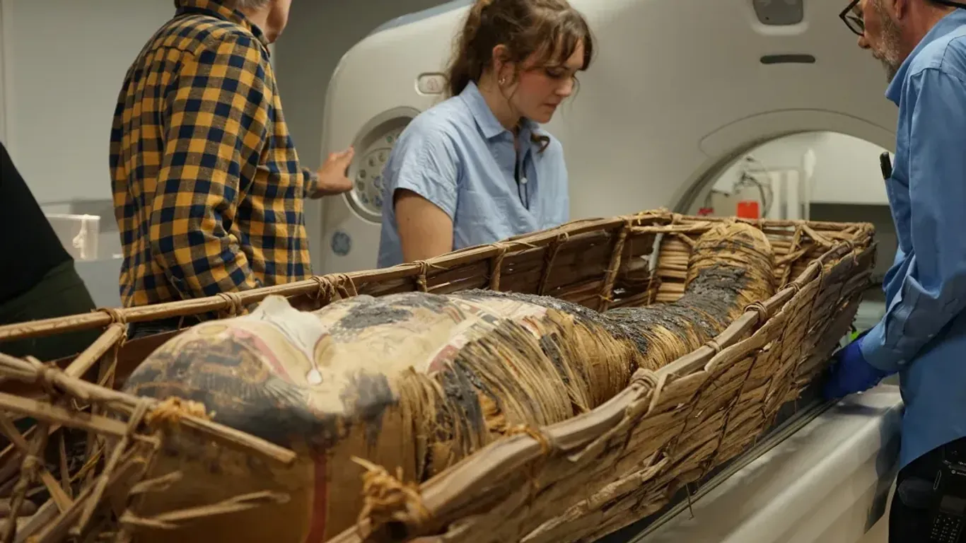 Wissenschaftler des Museums schieben eine Mumie in einen CT-Scanner.