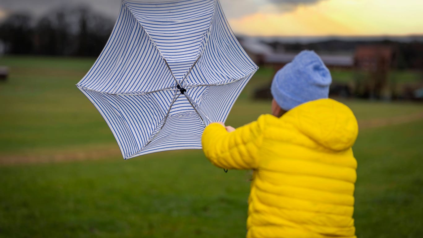 Eine Frau kämpft mit ihrem Regenschirm gegen den Sturm an. (Symbolfoto)