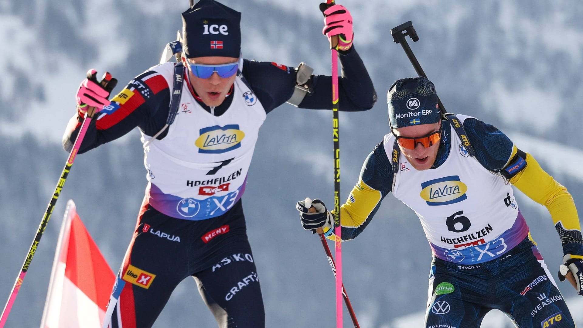 Martin Uldal (l.) bei einem Biathlon-Rennen in der aktuellen Saison: Der junge Norweger zählt zu den größten Talenten des Sports.