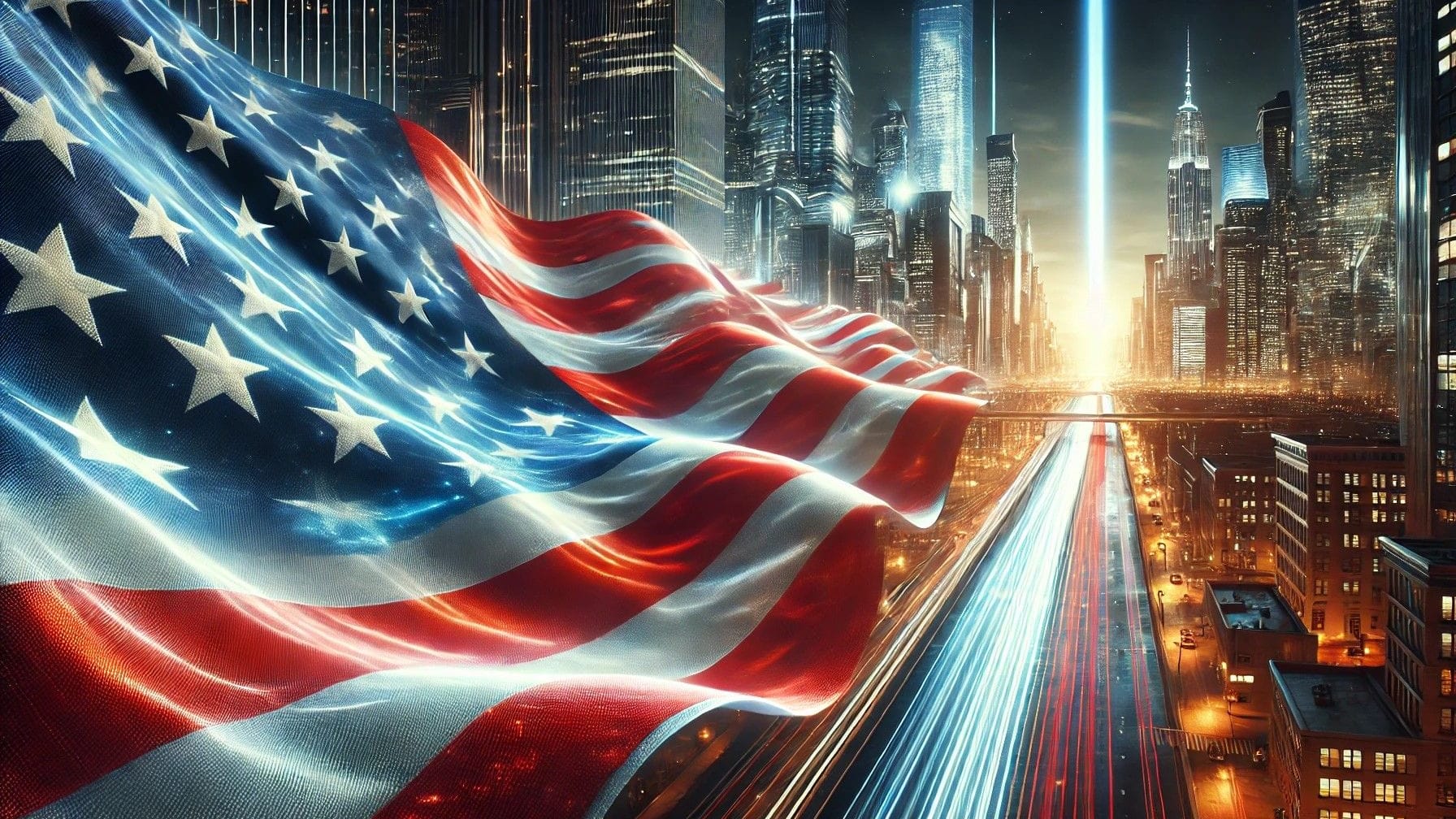 Amerikanische Flagge weht im Vordergrund des futuristischen New Yorks