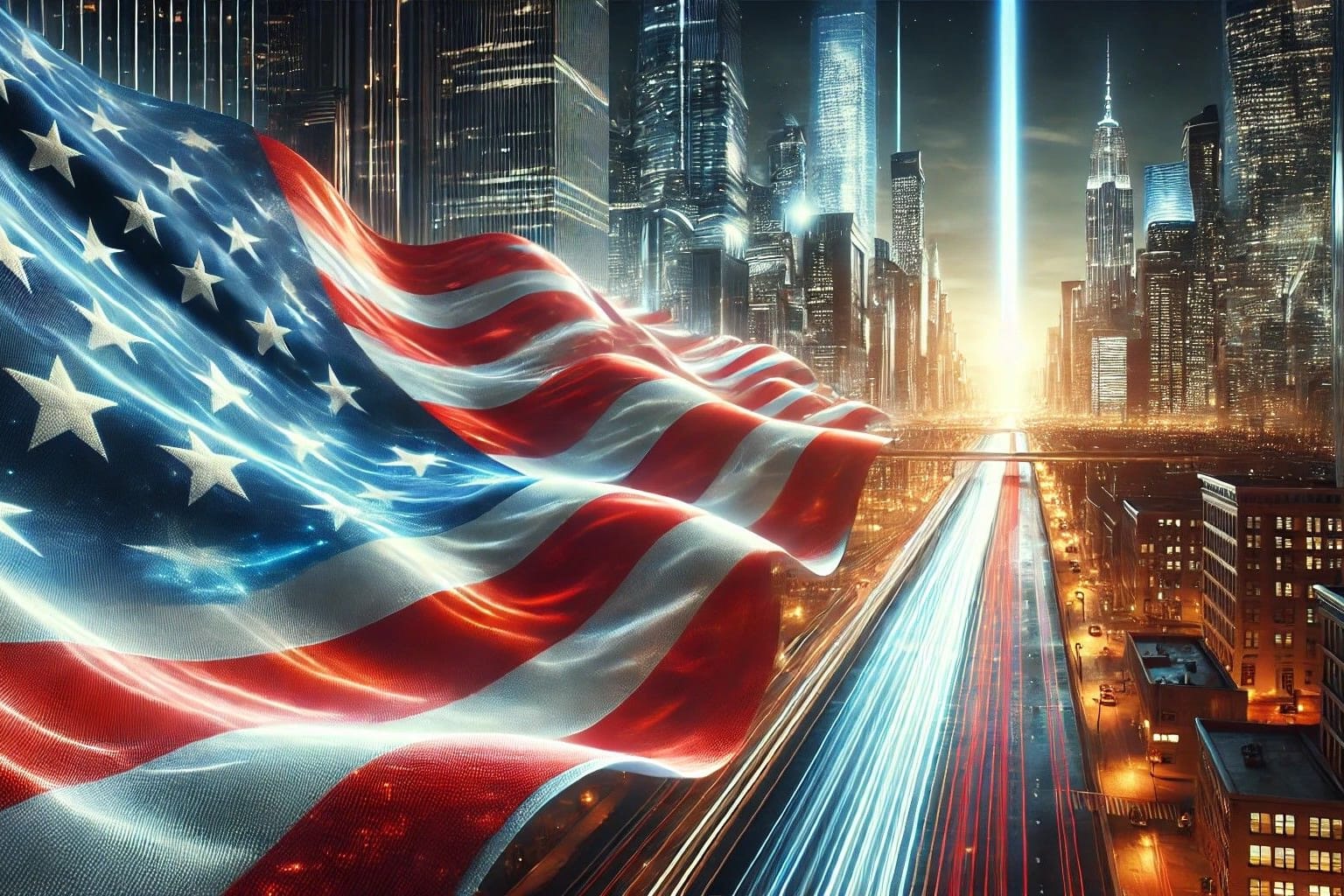 Amerikanische Flagge weht im Vordergrund des futuristischen New Yorks