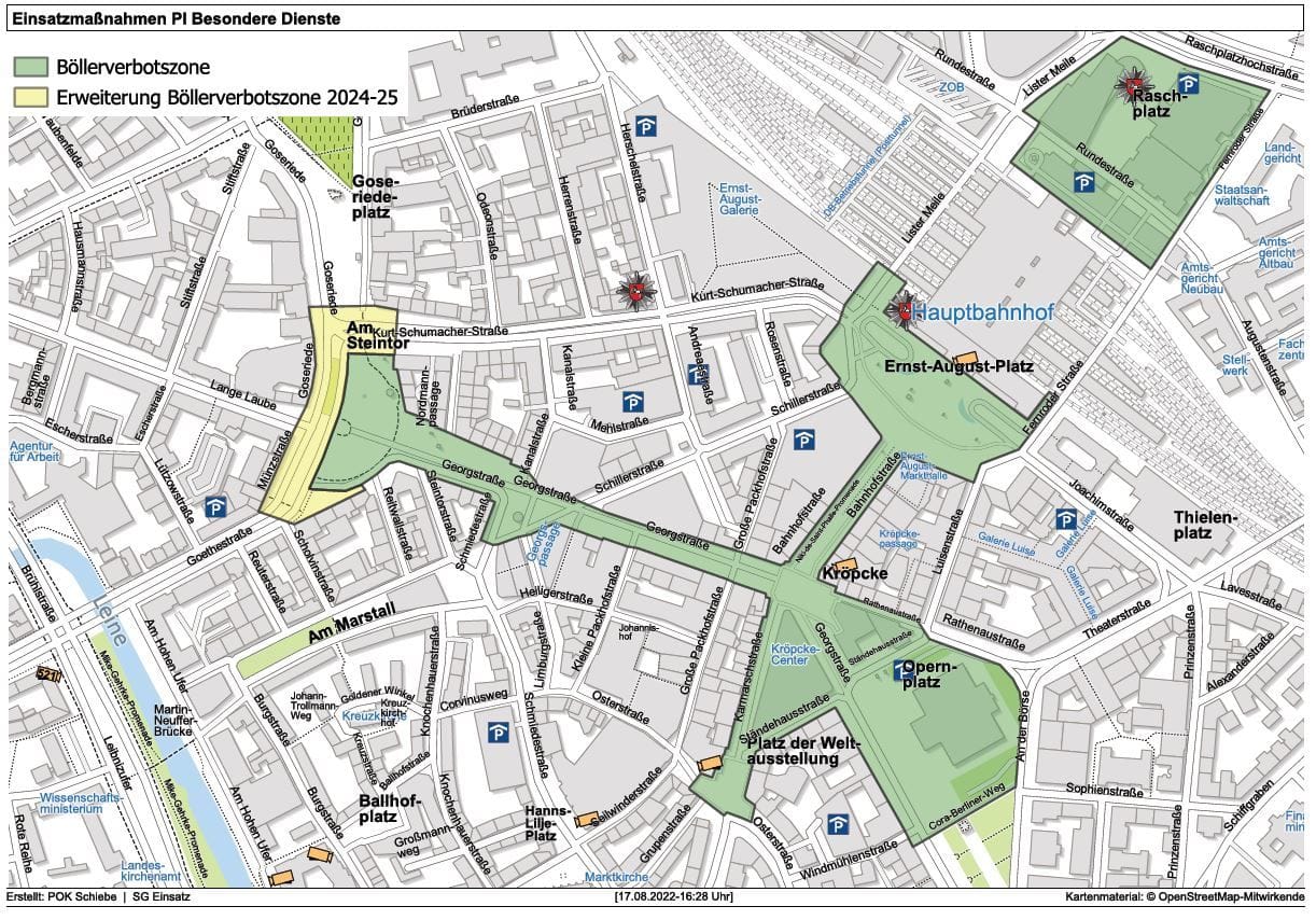 Böllerverbotszone Silvester 2024/2025: Hier ist das Mitführen und Zünden von Feuerwerk verboten.