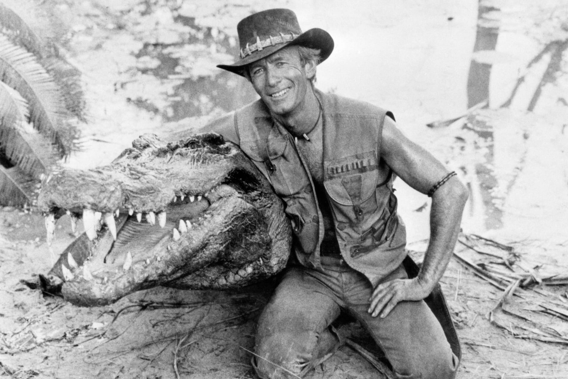 Paul Hogan mit einer Krokodil-Attrappe: Er verkörperte damals die Hauptrolle in "Crocodile Dundee".